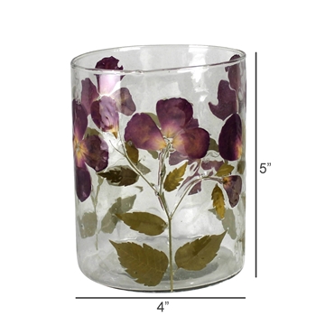 Votive Hurricane - Pressed Roses in Clear Glass 4x5in