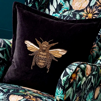 Cushion - Bee - Gold Embroidered on Black Velvet 20in SQ - Feather Rich Insert