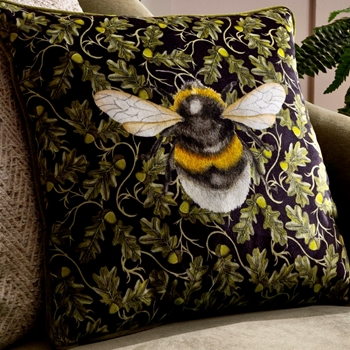 Cushion - Bee - Oak Leaf Pattern on Black Velvet 17in SQ - Feather Rich Insert