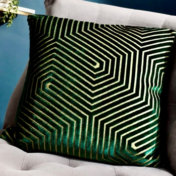 Cushion - Evoke Geometric Cut Velvet Emerald Green  18in SQ - Feather Rich Insert