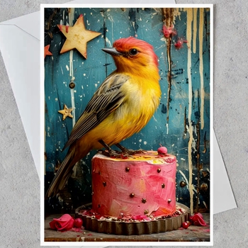 Greeting Card - Yellow Bird on Pink Cake