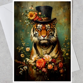 Greeting Card - Tiger In Top Hat with Flowers