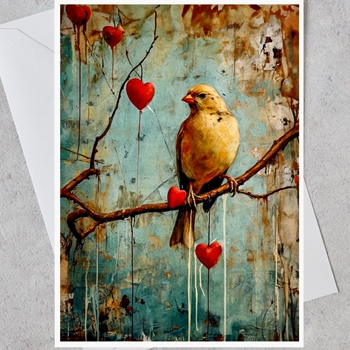 Greeting Card - Yellow Canary Bird Hearts
