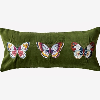 Cushion -  Butterflies Embroidered Moss Velvet 18x8in
