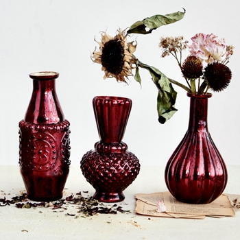 Vase - Bud - Embossed Glass Burgundy 6-8in Ast Sold Individually